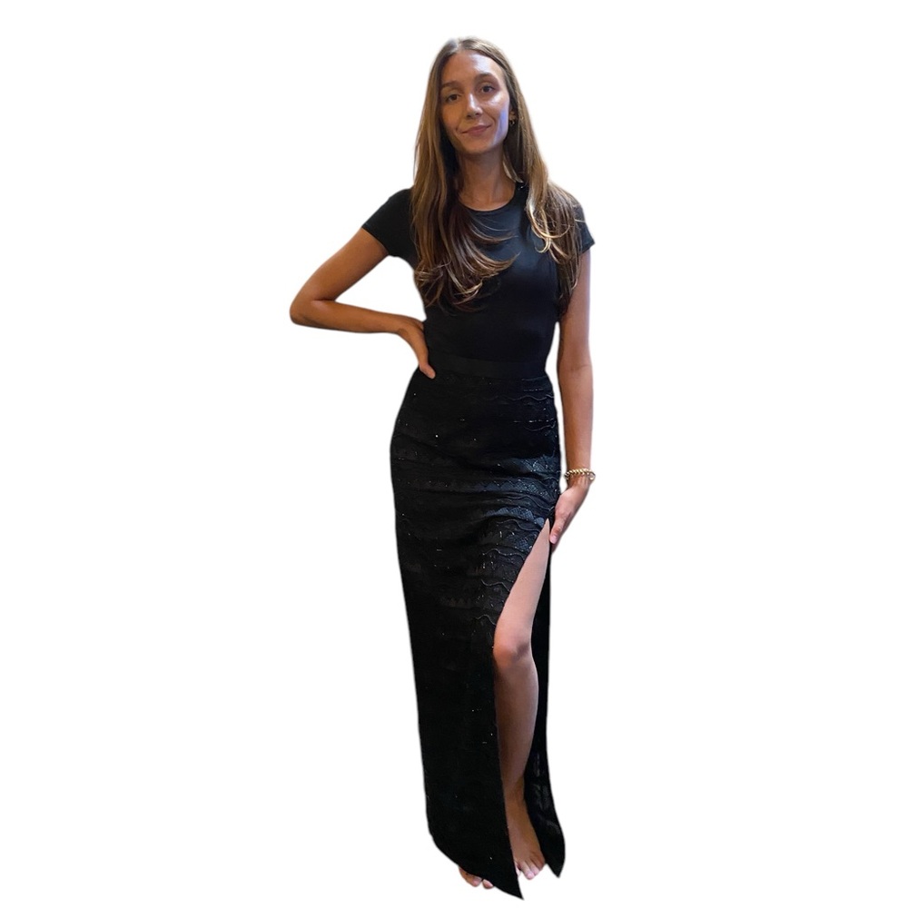 90’s 🤯 lace maxi.  Sky high front slit black sequin geometric design. Size 2/4